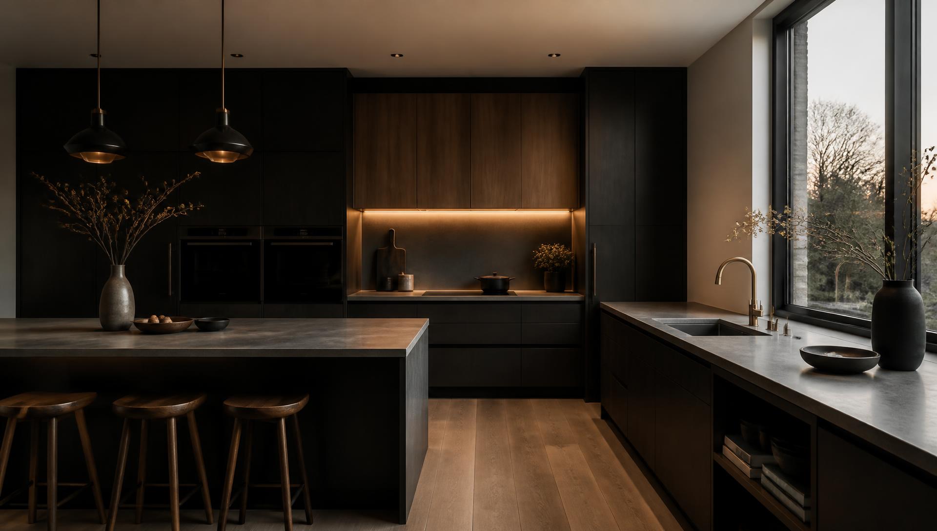 Contemporary kitchen with dark cabinetry, oak accents and a stone island